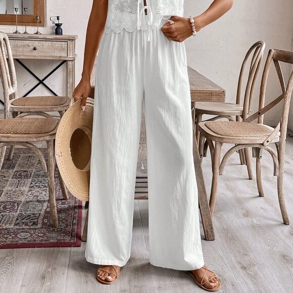 White Casual Women's Solid Color Hollow Out Lace Up Tank Top & Long Pants Set - Picture 2 of 6